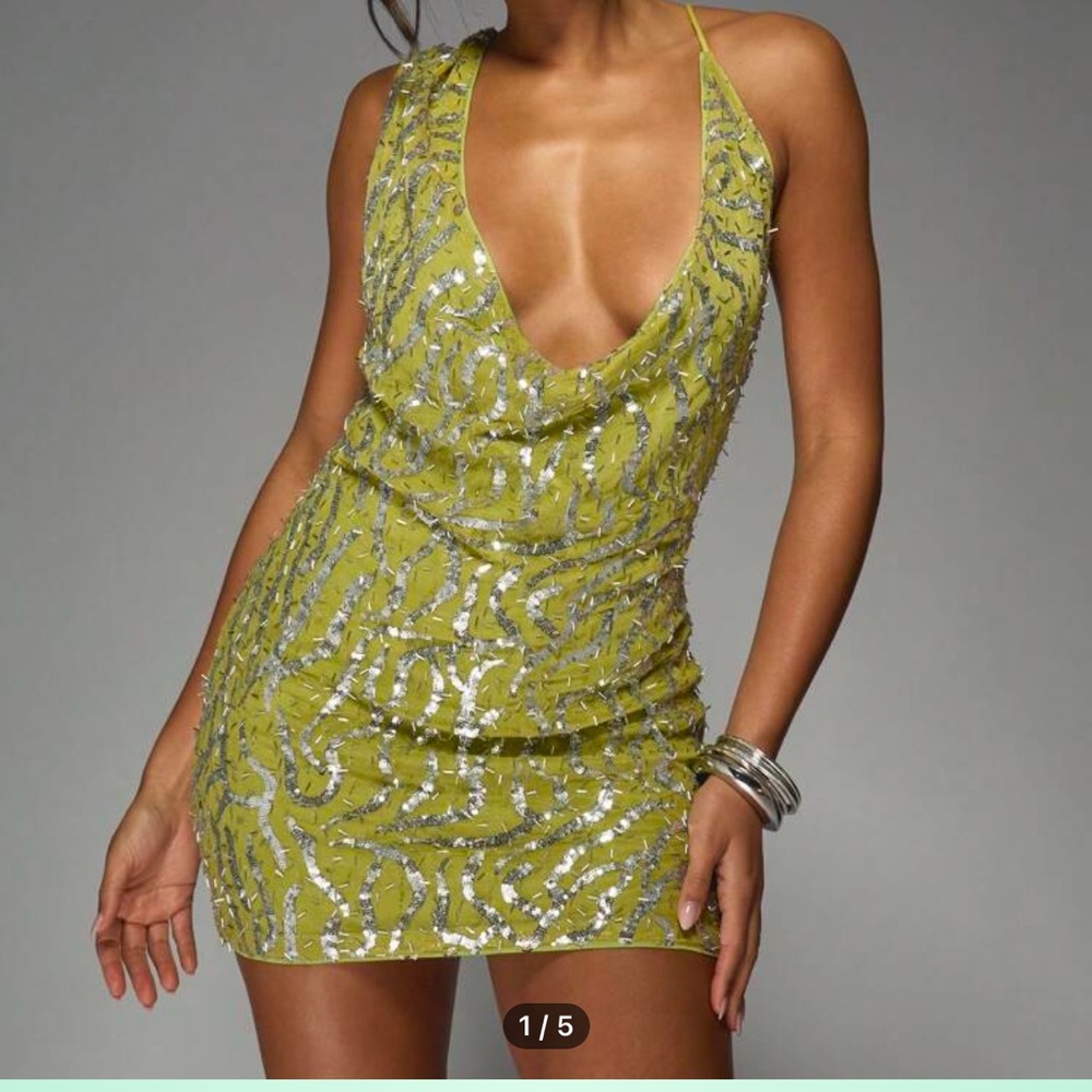 Glamorous Green and Silver Sequin Bodycon Mini Dress with Plunge Neckline